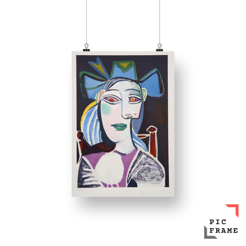 A bust of a woman in a blue hat