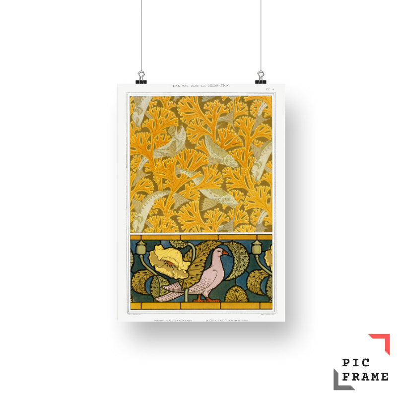 Poisson et algues, papier peint_ pigeon et pavots, bordure de vitrail from L_animal dans la décoration (1897) illustrated by Maurice Pillard Verneuil