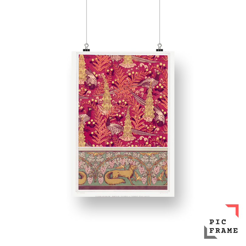 Faisans ordinaires, digitales, fougères et pissenlit, étoffe imprimée.