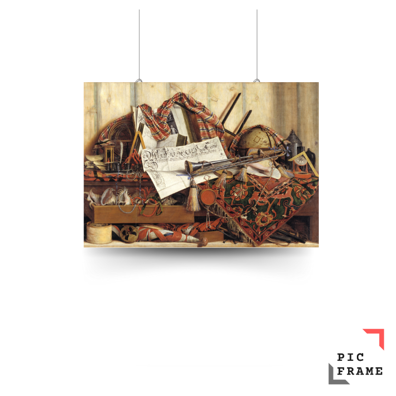 Trompe l_oeil with trumpet, celestial globe and Frederik III_s proclamation by Cornelis Norbertus Gysbrechts