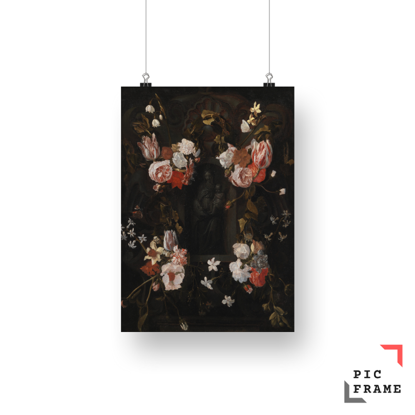 A flower-wreathed niche with a stone figure of the Madonna