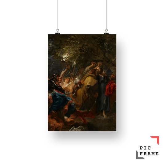 Kiss of Judas accompanied by soldiers with torches and lanterns, he kisses Christ