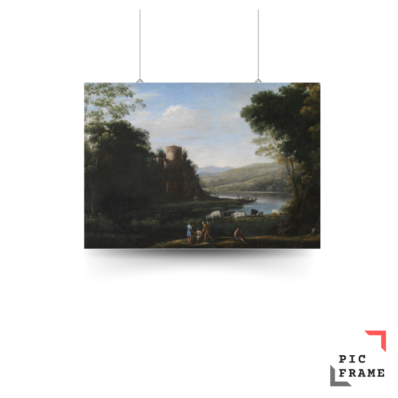 two goat herders seated on the left bank of a river amidst their flock