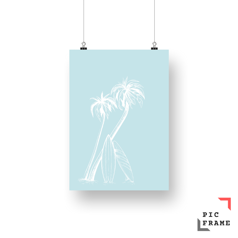 Palmtrees and surfboards in Light Blue