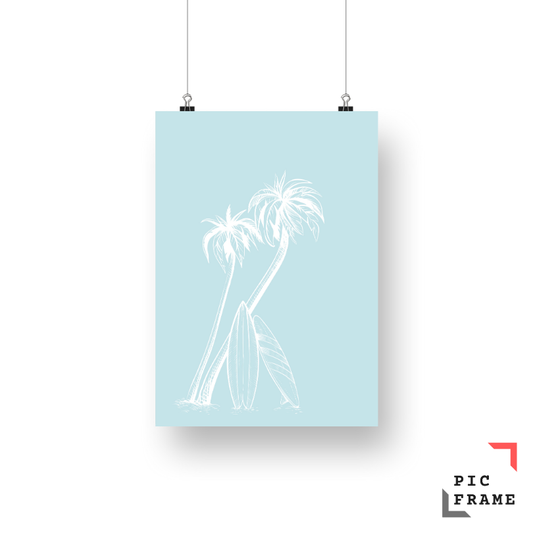 Palmtrees and surfboards in Light Blue