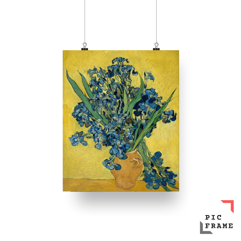 Vase with Irises Against a Yellow Background