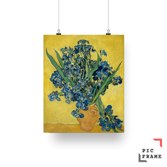 Vase with Irises Against a Yellow Background